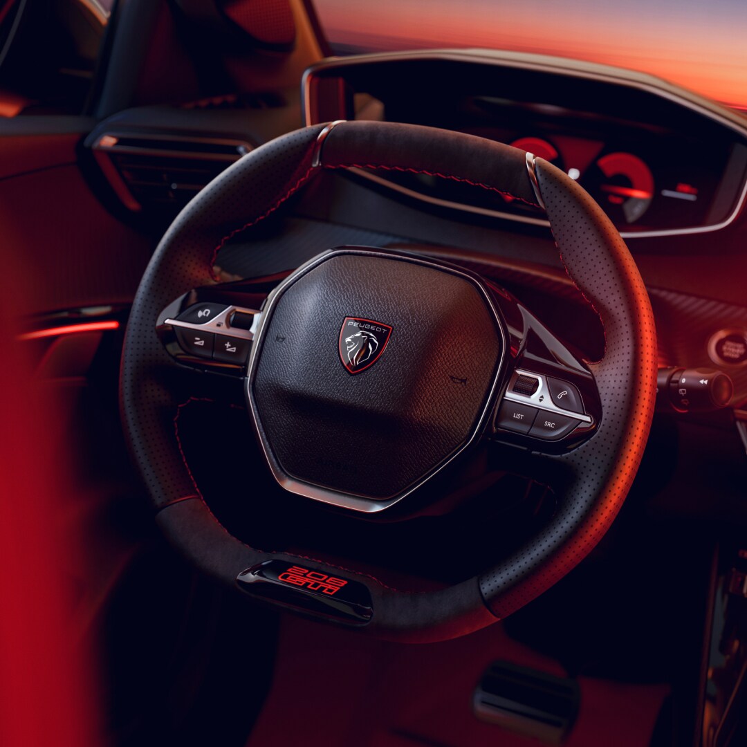 Detail van het compacte stuurwiel van de PEUGEOT E-208 GTi