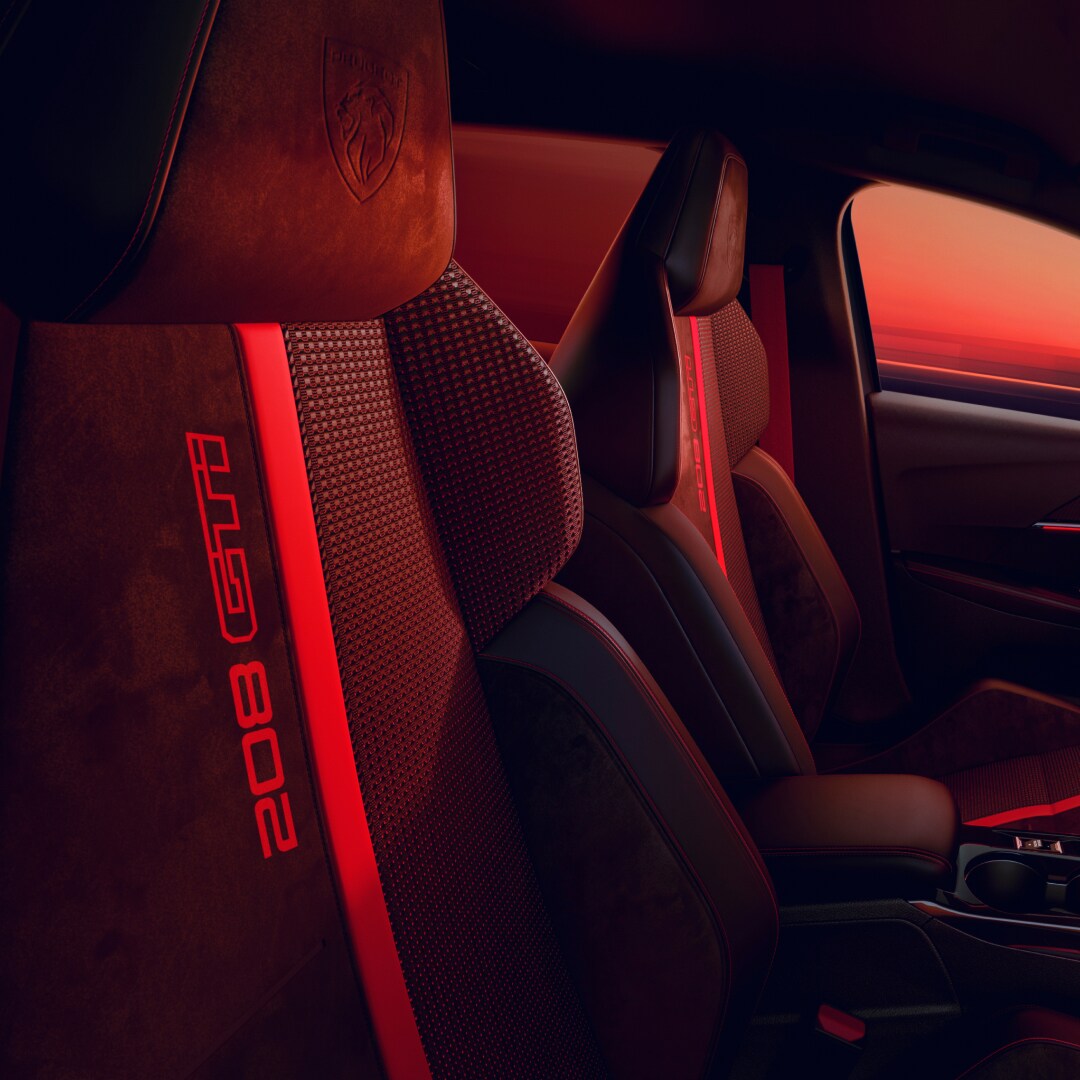 Detail van de stoel van de nieuwe PEUGEOT E-208 GTi